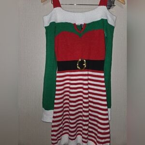Planet Gold Juniors' Elf Cold-Shoulder Ugly Sweater Dress, Size S